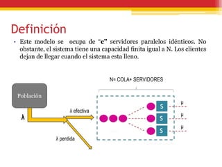 Definición
• Este modelo se ocupa de “c” servidores paralelos idénticos. No
obstante, el sistema tiene una capacidad finita igual a N. Los clientes
dejan de llegar cuando el sistema esta lleno.
λ efectiva
μ
μ
μ
Población
λ perdida
λ
N= COLA+ SERVIDORES
 