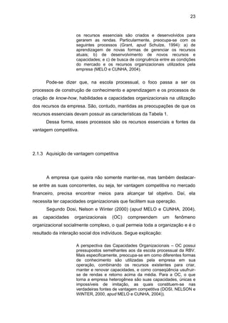 23
os recursos essenciais são criados e desenvolvidos para
gerarem as rendas. Particularmente, preocupa-se com os
seguintes processos (Grant, apud Schulze, 1994): a) de
aprendizagem de novas formas de gerenciar os recursos
atuais; b) de desenvolvimento de novos recursos e
capacidades; e c) de busca de congruência entre as condições
do mercado e os recursos organizacionais utilizados pela
empresa (MELO e CUNHA, 2004).
Pode-se dizer que, na escola processual, o foco passa a ser os
processos de construção de conhecimento e aprendizagem e os processos de
criação de know-how, habilidades e capacidades organizacionais na utilização
dos recursos da empresa. São, contudo, mantidas as preocupações de que os
recursos essenciais devam possuir as características da Tabela 1.
Dessa forma, esses processos são os recursos essenciais e fontes da
vantagem competitiva.
2.1.3 Aquisição de vantagem competitiva
A empresa que queira não somente manter-se, mas também destacar-
se entre as suas concorrentes, ou seja, ter vantagem competitiva no mercado
financeiro, precisa encontrar meios para alcançar tal objetivo. Daí, ela
necessita ter capacidades organizacionais que facilitem sua operação.
Segundo Dosi, Nelson e Winter (2000) (apud MELO e CUNHA, 2004),
as capacidades organizacionais (OC) compreendem um fenômeno
organizacional socialmente complexo, o qual permeia toda a organização e é o
resultado da interação social dos indivíduos. Segue explicação:
A perspectiva das Capacidades Organizacionais – OC possui
pressupostos semelhantes aos da escola processual da RBV.
Mais especificamente, preocupa-se em como diferentes formas
de conhecimento são utilizadas pela empresa em sua
operação, combinando os recursos existentes para criar,
manter e renovar capacidades, e como conseqüência usufruir-
se de rendas e retorno acima da média. Para a OC, o que
torna a empresa heterogênea são suas capacidades, únicas e
impossíveis de imitação, as quais constituem-se nas
verdadeiras fontes de vantagem competitiva (DOSI, NELSON e
WINTER, 2000, apud MELO e CUNHA, 2004)).
 