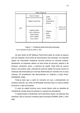 41
Figura 1 – O balanço patrimonial das empresas
Fonte: Adaptado de Gitman (2004, p. 445).
No lado direito do BP (Balanço Patrimonial) estão às contas do passivo
que são utilizadas como fontes de financiamento das empresas. As empresas
podem ser financiadas recebendo recursos externos ou recursos próprios.
Geralmente, as empresas utilizam as duas fontes de recursos, próprios e de
terceiros, compondo, assim, a estrutura de capital. Cada fonte de recurso
possui o seu próprio custo, chamado de custo de capital. Ao buscar recurso as
empresas são financiadas por uma taxa determinada em contrato com os seus
credores. Os empréstimos são demonstrados no “Exigível a Longo Prazo”
(FERREIRA, 2006).
Pode-se dizer que, a partir do momento em que o endividamento da
empresa aumenta, seu custo de dificuldade financeira atua no mesmo sentido
de diminuir o valor da empresa.
O custo do capital funciona como vínculo básico entre as decisões de
investimento a longo prazo da empresa e a riqueza dos proprietários.
O capital próprio é identificado como patrimônio líquido nos balanços das
empresas. São os recursos investidos pelos acionistas (GITMAN, 2004, p. 445-
446).
 