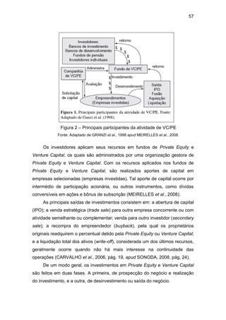 57
Figura 2 – Principais participantes da atividade de VC/PE
Fonte: Adaptado de GRANZI et al., 1998 apud MEIRELLES et al., 2008.
Os investidores aplicam seus recursos em fundos de Private Equity e
Venture Capital, os quais são administrados por uma organização gestora de
Private Equity e Venture Capital. Com os recursos aplicados nos fundos de
Private Equity e Venture Capital, são realizados aportes de capital em
empresas selecionadas (empresas investidas). Tal aporte de capital ocorre por
intermédio de participação acionária, ou outros instrumentos, como dívidas
conversíveis em ações e bônus de subscrição (MEIRELLES et al., 2008).
As principais saídas de investimentos consistem em: a abertura de capital
(IPO); a venda estratégica (trade sale) para outra empresa concorrente ou com
atividade semelhante ou complementar; venda para outro investidor (secondary
sale); a recompra do empreendedor (buyback), pela qual os proprietários
originais readquirem o percentual detido pela Private Equity ou Venture Capital;
e a liquidação total dos ativos (write-off), considerada um dos últimos recursos,
geralmente ocorre quando não há mais interesse na continuidade das
operações (CARVALHO et al., 2006, pág. 19, apud SONODA, 2008, pág, 24).
De um modo geral, os investimentos em Private Equity e Venture Capital
são feitos em duas fases. A primeira, de prospecção do negócio e realização
do investimento, e a outra, de desinvestimento ou saída do negócio.
 