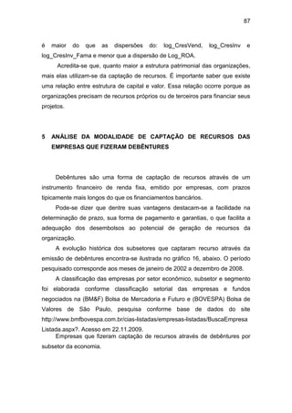 87
é maior do que as dispersões do: log_CresVend, log_CresInv e
log_CresInv_Fama e menor que a dispersão de Log_ROA.
Acredita-se que, quanto maior a estrutura patrimonial das organizações,
mais elas utilizam-se da captação de recursos. É importante saber que existe
uma relação entre estrutura de capital e valor. Essa relação ocorre porque as
organizações precisam de recursos próprios ou de terceiros para financiar seus
projetos.
5 ANÁLISE DA MODALIDADE DE CAPTAÇÃO DE RECURSOS DAS
EMPRESAS QUE FIZERAM DEBÊNTURES
Debêntures são uma forma de captação de recursos através de um
instrumento financeiro de renda fixa, emitido por empresas, com prazos
tipicamente mais longos do que os financiamentos bancários.
Pode-se dizer que dentre suas vantagens destacam-se a facilidade na
determinação de prazo, sua forma de pagamento e garantias, o que facilita a
adequação dos desembolsos ao potencial de geração de recursos da
organização.
A evolução histórica dos subsetores que captaram recurso através da
emissão de debêntures encontra-se ilustrada no gráfico 16, abaixo. O período
pesquisado corresponde aos meses de janeiro de 2002 a dezembro de 2008.
A classificação das empresas por setor econômico, subsetor e segmento
foi elaborada conforme classificação setorial das empresas e fundos
negociados na (BM&F) Bolsa de Mercadoria e Futuro e (BOVESPA) Bolsa de
Valores de São Paulo, pesquisa conforme base de dados do site
http://www.bmfbovespa.com.br/cias-listadas/empresas-listadas/BuscaEmpresa
Listada.aspx?. Acesso em 22.11.2009.
Empresas que fizeram captação de recursos através de debêntures por
subsetor da economia.
 