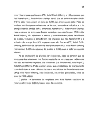 91
com 15 empresas que fizeram (IPO) Initial Public Offering e 166 empresas que
não fizeram (IPO) Initial Public Offering, sendo que as empresas que fizeram
IPO no setor representam em torno de 8,29% das empresas do setor. Pode-se
analisar também que os subsetores: de tecidos, vestuários e calçados, e o de
energia elétrica, ambos com 3 empresas, fizeram (IPO) Initial Public Offering,
mas o número de empresas desses subsetores que não fizeram (IPO) Initial
Public Offering não representa a mesma quantidade de empresas. O subsetor
de tecidos, vestuários e calçado tem 195 empresas que não fizeram IPO, e o
subsetor de energia tem 321 empresas que não fizeram (IPO) Initial Public
Offering, sendo que os percentuais das que fizeram (IPO) Initial Public Offering
representam 1,52% do subsetor de tecidos e 0,93% para o setor de energia
elétrica.
Ao se analisarem os gráficos por subsetores, pode-se concluir que as
empresas dos subsetores que fizeram captação de recursos com debêntures
não são as mesmas empresas dos subsetores que tomaram recursos de (IPO)
Initial Public Offering. Pode-se dizer, ainda, que a modalidade de financiamento
com debêntures é mais utilizada do que a modalidade de financiamento com
(IPO) Initial Public Offering, nos subsetores, no período pesquisado, entre os
anos de 2002 a 2008.
O gráfico 19 demonstra as empresas que mais fizeram captação de
recursos através de debêntures por setor da economia.
 