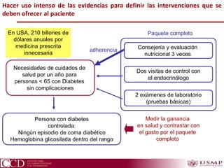 Necesidades de cuidados de
salud por un año para
personas < 65 con Diabetes
sin complicaciones
Hacer uso intenso de las evidencias para definir las intervenciones que se
deben ofrecer al paciente
Consejería y evaluación
nutricional 3 veces
Dos visitas de control con
el endocrinólogo
2 exámenes de laboratorio
(pruebas básicas)
Persona con diabetes
controlada:
Ningún episodio de coma diabético
Hemoglobina glicosilada dentro del rango
Medir la ganancia
en salud y contrastar con
el gasto por el paquete
completo
En USA, 210 billones de
dólares anuales por
medicina prescrita
innecesaria
adherencia
Paquete completo
 