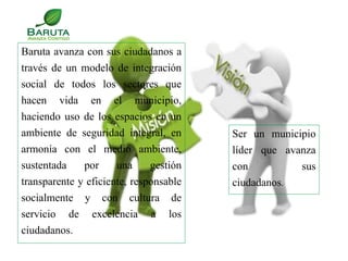 Baruta avanza con sus ciudadanos a
través de un modelo de integración
social de todos los sectores que
hacen vida en el municipio,
haciendo uso de los espacios en un
ambiente de seguridad integral, en
armonía con el medio ambiente,
sustentada por una gestión
transparente y eficiente, responsable
socialmente y con cultura de
servicio de excelencia a los
ciudadanos.
Ser un municipio
líder que avanza
con sus
ciudadanos.
 