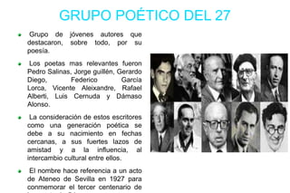 GRUPO POÉTICO DEL 27
Grupo de jóvenes autores que
destacaron, sobre todo, por su
poesía.
Los poetas mas relevantes fueron
...