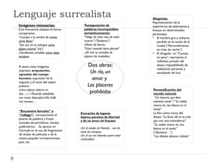 Lenguaje surrealista
Dos obras:
Un río, un
amor y
Los placeres
prohibidos
Imágenes visionarias:
Con frecuencia adoptan la forma
comparativa:
“Cuerpos a la sombra de ramas
como flores”
“Esa voz no se extingue como
pájaro muerto” (ïd.)
«Semblantes amables como viejas
escobas»
“Encuentro fortuito” o
“collage”: incorporación al
poema de palabras y frases
tomadas de periódicos, rótulos
publicitarios… Se aprecia en
Cernuda en el uso de fragmentos
de títulos de películas o de la
música popular norteamericana,
jazz, etc.
Alegorías:
Representación de la
experiencia de aislamiento y
fracaso en determinados
personajes:
• El hombre gris y solitario,
perdido en la noche de la
ciudad (“Remordimiento
en traje de noche”)
• El ahogado: en “Cuerpo
en pena”, representa al
individuo privado del
deseo, imposibilitado de
realización personal, y
necesitado de huir.
Personificación del
mundo natural:
“Un desierto que llora
mientras canta” / “Su niebla
misma ríe, risa blanca en el
viento”
La flor como icono del
deseo: “La lluvia allí no es más
que una rosa entreabierta”
“Su niebla misma ríe, risa
blanca en el viento”
(“Quisiera…”)
“Los árboles abrazan árboles”
Evocación de lugares
lejanos, paraísos de libertad
y de un amor sin fracaso:
«En el estado de Nevada…son de
nieve los campos».
«En el sur tan distante quiero estar
confundido»
Yuxtaposición de
palabras incompatibles
semánticamente:
“Fatiga de estar vivo, de estar
muerto” (“Destierro”)
«Flores de hierro»
“Estar cansado tiene plumas”
.»El mar se cansaba de
esperar las ciudades»
A veces estas imágenes
expresan amputación,
opresión del cuerpo
humano, expresión de la
angustia y el vacío del sujeto
poético:
«Una cabeza abierta en
dos…» / «Tocando soledades
con mano disecada»/»No hallé
mis manos»…
 