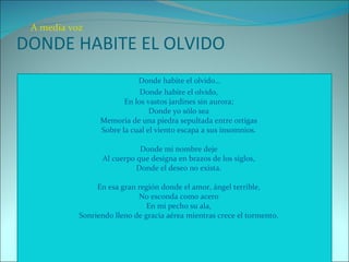 DONDE HABITE EL OLVIDO Donde habite el olvido... Donde habite el olvido,  En los vastos jardines sin aurora;  Donde yo sólo sea  Memoria de una piedra sepultada entre ortigas  Sobre la cual el viento escapa a sus insomnios.  Donde mi nombre deje  Al cuerpo que designa en brazos de los siglos,  Donde el deseo no exista.  En esa gran región donde el amor, ángel terrible,  No esconda como acero  En mi pecho su ala,  Sonriendo lleno de gracia aérea mientras crece el tormento.  A media voz 