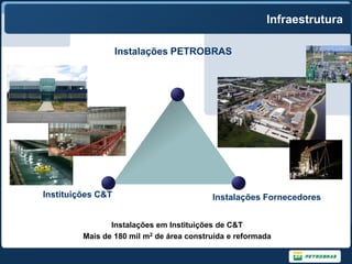 Infraestrutura

                   Instalações PETROBRAS




Instituições C&T                          Instalações Fornecedores


                Instalações em Instituições de C&T
         Mais de 180 mil m2 de área construída e reformada
 