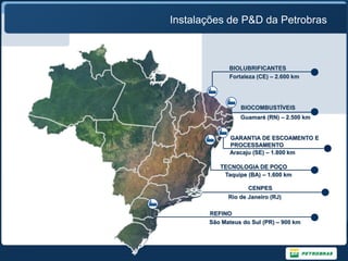 Instalações de P&D da Petrobras



             BIOLUBRIFICANTES
             Fortaleza (CE) – 2.600 km




                 BIOCOMBUSTÍVEIS
                 Guamaré (RN) – 2.500 km


             GARANTIA DE ESCOAMENTO E
             PROCESSAMENTO
             Aracaju (SE) – 1.800 km

          TECNOLOGIA DE POÇO
           Taquipe (BA) – 1.600 km

                    CENPES
             Rio de Janeiro (RJ)

       REFINO
       São Mateus do Sul (PR) – 900 km
 