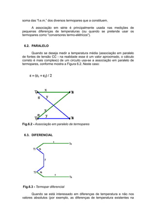 soma das “f.e.m.” dos diversos termopares que a constituem.
A associação em série é principalmente usada nas medições de
pequenas diferenças de temperaturas (ou quando se pretende usar os
termopares como "conversores termo-elétricos").
6.2. PARALELO
Quando se deseja medir a temperatura média (associação em paralelo
de fontes de tensão CC - na realidade esse é um valor aproximado, o cálculo
correto é mais complexo) de um circuito usa-se a associação em paralelo de
termopares, conforme mostra a Figura 6.2. Neste caso:
ε = (εε = (εε = (εε = (ε1111 + ε+ ε+ ε+ ε2222) / 2) / 2) / 2) / 2
Fig.6.2 - Associação em paralelo de termopares
6.3. DIFERENCIAL
Fig.6.3 - Termopar diferencial
Quando se está interessado em diferenças de temperatura e não nos
valores absolutos (por exemplo, as diferenças de temperatura existentes na
 