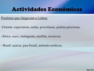 Actividades Económicas
Produtos que chegavam a Lisboa:
-Oriente: especiarias, sedas, porcelanas, pedras preciosas;
-África: ouro, malagueta, marfim, escravos;
- Brasil: açúcar, pau-brasil, animais exóticos;
 