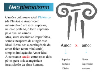 Neoplatonismo
Camões cultivou o ideal Platônico
(de Platão): o Amor -com
maiúscula- é um ideal superior,
único e perfeito, o Bem supremo
pelo qual ansiamos.
Mas, seres decaídos e imperfeitos,
somos incapazes de atingir esse
ideal. Resta-nos a contingência do
amor físico (com minúscula),
simples imitação do Amor ideal.
A constante tensão entre esses dois
pólos gera toda a angústia e
insatisfação da alma humana.
Amor x amor
Superior
Perfeito
Divino
Físico
Superficial
humano
 