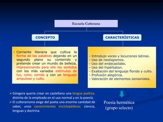 Escuela Culterana
- Corriente literaria que cultiva la
forma de las palabras dejando en un
segundo plano su contenido y
pretende crear un mundo de belleza,
impresionando para ello los sentidos
con los más variados estímulos de
luz, color, sonido y con un lenguaje
ampuloso y culto.
- Introdujo voces y locuciones latinas.
- Uso de neologismos.
- Uso del endecasílabo.
- Uso del hipérbaton.
- Exaltación del lenguaje florido y culto.
- Profusión alegórica.
- Valoración de elementos sensoriales.
CONCEPTO CARACTERÍSTICAS
Poesía hermética
(grupo selecto)
Góngora quería crear en castellano una lengua poética.
distinta de la empleada en el uso normal y en la poesía.
El culteranismo exige del poeta una enorme cantidad de
saber, unos conocimientos enciclopédicos: ciencia,
lenguas y doctrina.
 