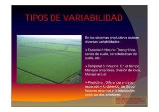 TIPOS DE VARIABILIDAD
En los sistemas productivos existen
diversas variabilidades:
Espacial ó Natural: Topográfica,
series de suelo, características del
suelo, etc.
Temporal ó Inducida: En el tiempo,
Manejos anteriores, división de lotes,
Manejo actual.
Predictiva : Diferencia entre lo
esperado y lo obtenido, se da por
factores externos y la interacción
entre las dos anteriores.
Luis Eghmad Yamil Rincón
Seminario de Agricultura de precisión.
Pasto, Nov. 19 – 20 de 2009.
 