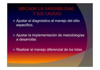 UBICADA LA VARIABILIDAD
Y SUS CAUSAS
 Ajustar el diagnóstico al manejo del sitio
específico.
 Ajustar la implementación de metodologías
 Ajustar la implementación de metodologías
a desarrollar.
 Realizar el manejo diferencial de los lotes.
 