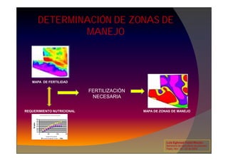 DETERMINACIÓN DE ZONAS DE
MANEJO
MAPA DE FERTILIDAD
MAPA DE FERTILIDAD
Curva de respuesta del cultivo a aplicaciónde fertilizantes
DOSIS FERTILIZANTE
REQUERIMIENTO NUTRICIONAL
FERTILIZACIÓN
NECESARIA
MAPA DE ZONAS DE MANEJO
Luis Eghmad Yamil Rincón
Seminario de Agricultura de precisión.
Pasto, Nov. 19 – 20 de 2009.
 