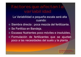 Factores que afectan la
variabilidad
La Variabilidad a pequeña escala será alta
cuando:
 Siembra directa : poca mezcla del fertilizante.
 Se Fertiliza en Bandeja.
 Se Fertiliza en Bandeja.
 Escasez Nutrientes poco móviles e insolubles.
 Formulación de fertilizantes que se ajuztan
poco a las necesidades del suelo y la planta.
Luis Eghmad Yamil Rincón
Seminario de Agricultura de precisión.
Pasto, Nov. 19 – 20 de 2009.
 