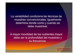 La variabilidad condiciona las técnicas de
muestreo convencionales. Igualmente
determina donde como y cuando se
debe muestrear.
debe muestrear.
A mayor movilidad de los nutrientes mayor
debe ser la profundidad del muestreo y
su frecuencia.
Luis Eghmad Yamil Rincón
Seminario de Agricultura de precisión.
Pasto, Nov. 19 – 20 de 2009.
 