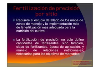 Fertilización de precisión
por sitio
 Requiere el estudio detallado de los mapa de
zonas de manejo y la implementación más
de la fertilización mas adecuada para la
nutrición del cultivo.
 La fertilización de precisión no solo define
cantidades de fertilizantes, sino también,
clase de fertilizantes, época de aplicación, y
manejo de relaciones nutricionales;
necesarios para los objetivos de mercadeo
Luis Eghmad Yamil Rincón
Seminario de Agricultura de precisión.
Pasto, Nov. 19 – 20 de 2009.
 