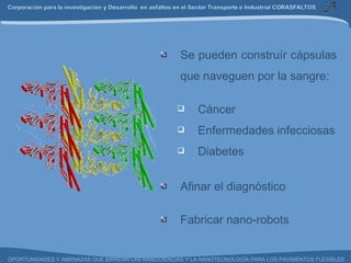 Se pueden construír cápsulas que naveguen por la sangre: Cáncer Enfermedades infecciosas Diabetes Afinar el diagnóstico  Fabricar nano-robots  