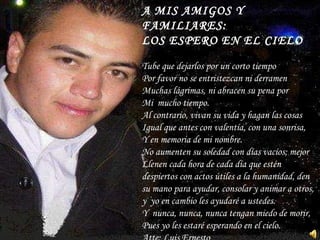A MIS AMIGOS Y FAMILIARES: LOS ESPERO EN EL CIELO   Tube que dejarlos por un corto tiempo  Por favor no se entristezcan ni derramen  Muchas lágrimas, ni abracen su pena por  Mi  mucho tiempo. Al contrario, vivan su vida y hagan las cosas  Igual que antes con valentía, con una sonrisa,  Y en memoria de mi nombre. No aumenten su soledad con días vacíos; mejor  Llenen cada hora de cada día que estén despiertos con actos útiles a la humanidad, den su mano para ayudar, consolar y animar a otros, y  yo en cambio les ayudaré a ustedes. Y  nunca, nunca, nunca tengan miedo de morir, Pues yo les estaré esperando en el cielo. Atte: Luis Ernesto 
