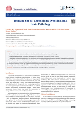 Review Article
Volume 2 Issue 4 - November 2017
Theranostics Brain Disord
Copyright © All rights are reserved by Luisetto M
Immune Shock -Chronologic Event in Some
Brain Pathology
Luisetto M1
*, Ahmed Yesvi Rafa2
, Behzad Nili-Ahmadabadi3
, Farhan Ahmad Khan4
and Ghulam
Rasool Mashori5
1
European Specialist Lab Medicine, Italy
2
Founder and President Yugen Research organization, Bangladesh
3
Independent Researcher, USA
4
Department of Clinical Pharmacology, AIMSRC, India
5
University of Medical & Health Sciences for Woman, Pakistan
Submission: October 31, 2017; Published: November 27, 2017
*Corresponding author: Luisetto M, European specialist lab medicine, Italy, Email:
Theranostics Brain Disord 2(4): TBD.MS.ID.555594 (2017) 001
Introduction
As showed by imaging autism is a developmental disorder brain
growth, involved in young age (that affects over 1% of new births
in the United States and about 2% of boys). Is universally accepted
that brain develop continue after birth and since 25-30 years and
Autism seem related with a loss in some brain connection with
reduced cellularity. In this periods some immunologic products
are been deeply investigate as autism agent’s inducers but without
evidence of relationship. But a Immune shock in a specific brain
development temporal phases what kind of effect can produce in
example in Some neuron or other cell progression?
Whythispathologynotinvolveelderpeople?Influimmunization
inelderlyarerelatedwiththiskindofpathology?Whythiscondition
involved relational systems in priority way? (emotional -relational
) ,have we apotptosis in neurons related this systems more then
other systems? We can think that after certain growth phases the
immunologic control have less interference power in this process.
But in some other phases the effect can be more evident. Some
kind of white cell shift from normal growth in many immunologic
process and we can think the same related and high immunologic
shock. (inbalances in normal situational(.t cell-b cells and related
mediators). Why autism disease present incidence in certain
kind of patient (young)? In normal brain development related to
environmental signals as learning and normal growth is observed
a general reduction in some unusefull contacts. (Strategy to have
more strong system vs a less). But every patient has its own genetic
Phenotype and related immunitary systems. We can see that the
uman Embryology is related to time and local micro-ambient and
gradient of intercellular mediators.
Material and Methods
In this paper we use Review methods, observing some relevant
literature to produce a research hypothesis. The same we observe
some classic model in embriology, pathology, immunology,
neurology and imaging Related to this spectrum of disease.
Abstract
In this work we try to observe some factors involved in autistic brain disorder and the time relationship.
Using imaging and histology related with the evaluation of syntomatology we can have hypothesis to verify.
The evidence related to the anatomic structure involved and the relational systems response added to the specific time in which the symptoms
arise must be take in great consideration to have more information about this kind of disorder.
In this review work we observed some relevant literature involving the immune system in brain development in order to verify relationship
in pathogenesis of autism disorder. We think are relevant in this Pervasive developmental disorder: the time of expression, micro-environment,
immunologic status and genetic profile. Al these factors can give right response to the next research activities
Keywords: Autism disorder; Embryology; Immunology; Pathology; Toxicology; Cognitive neurosciences
 