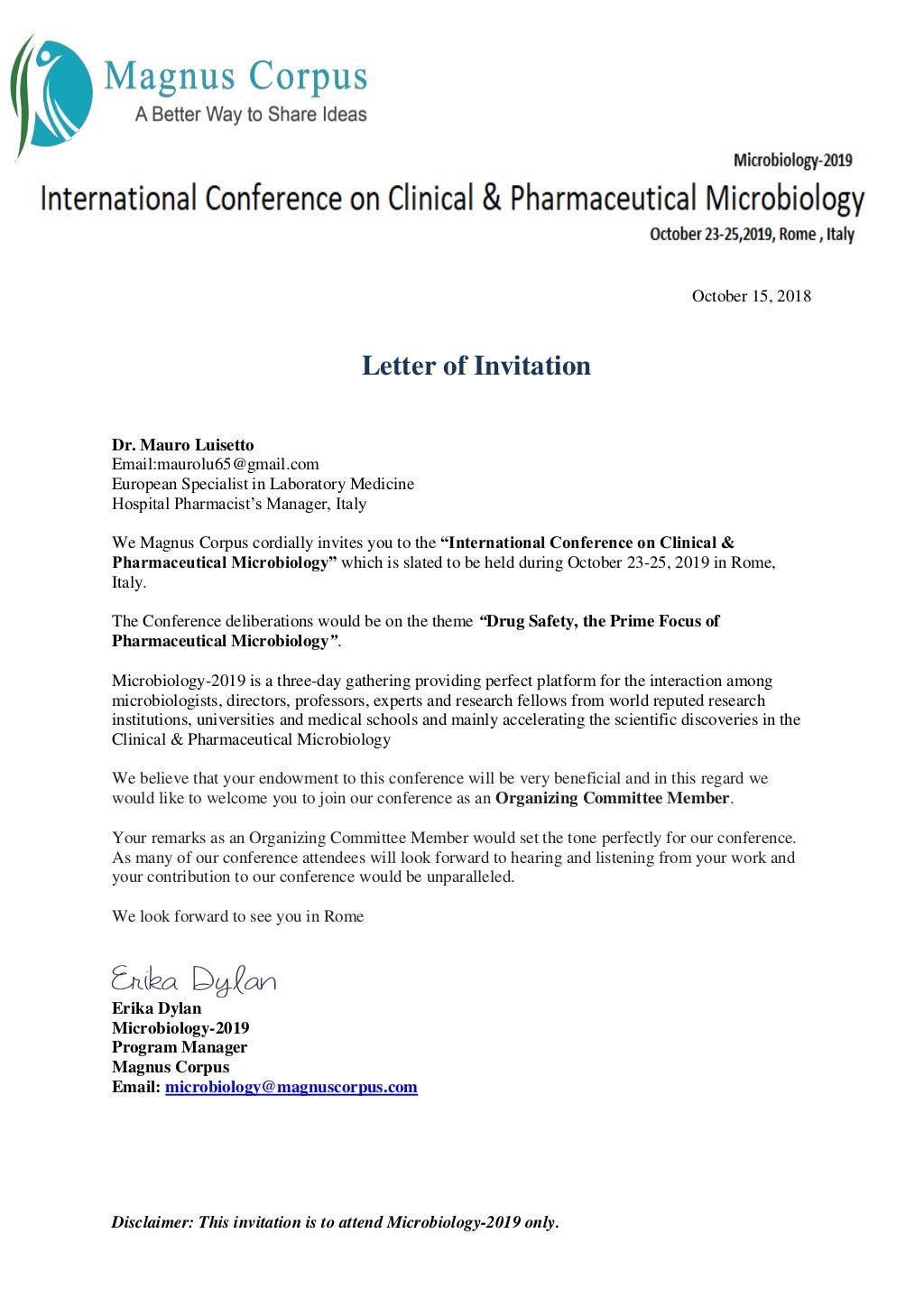 Luisetto m invitation letter international conference on clinical and…