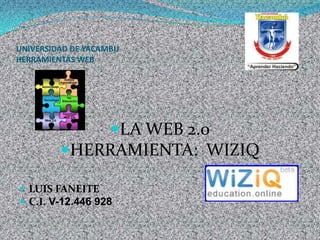UNIVERSIDAD DE YACAMBU
HERRAMIENTAS WEB




                    LA WEB 2.0
         HERRAMIENTA: WIZIQ

 LUIS FANEITE
 C.I. V-12.446 928
 