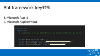 Bot framework key對照
1. Microsoft App id
2. Microsoft AppPassword
1
2
 