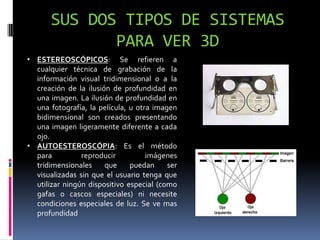 SUS DOS TIPOS DE SISTEMAS PARA VER 3DESTEREOSCÓPICOS: Se refieren a cualquier técnica de grabación de la información visual tridimensional o a la creación de la ilusión de profundidad en una imagen. La ilusión de profundidad en una fotografía, la película, u otra imagen bidimensional son creados presentando una imagen ligeramente diferente a cada ojo.