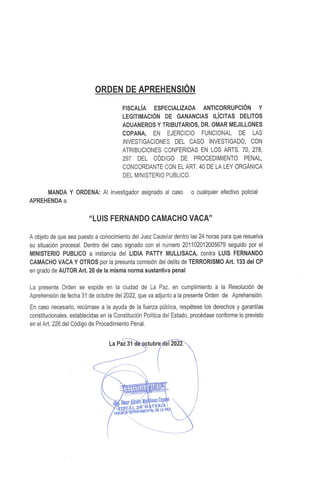 Orden de aprehensión contra Luis Fernando Camacho