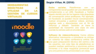 HERRAMIENTAS
DIDÁCTICAS A
UTILIZAR EN LA
GESTIÓN DE CURSOS
VIRTUALES
Según Viñas, M. (2018):
Redes sociales: Plataformas con un
componente social pueden ser una alternativa o
complemento a un LMS. Facebook y Twitter
siguen siendo uno de los lugares más populares
de conversación entre profesores. Por ejemplo,
en Facebook, se pueden iniciar conversaciones,
realizar encuestas y publicar vídeos, archivos,
páginas web y documentos con el fin de
informar y debatir. También se tiene la
posibilidad de transmitir una clase en vivo
usando la cámara web en el ordenador.
Más información en:
https://www.totemguard.com/aulato
tem/2018/07/opciones-crear-curso-
online/
Software de videoconferencia: Como última
alternativa interesante a considerar es utilizar
un sistema de video conferencia online. Sin
una gran preparación técnica del centro y de
los usuarios, con este tipo de plataformas se
pueden realizar seminarios y reuniones online
imitando a la clase magistral presencial que
uno encuentra en la universidad o en clase.
 