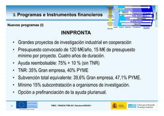 3. Programas e Instrumentos financieros

Nuevos programas (I)

                                   INNPRONTA
      • Grandes proyectos de investigación industrial en cooperación
      • Presupuesto convocado de 120 M€/año, 15 M€ de presupuesto
        mínimo por proyecto. Cuatro años de duración.
      • Ayuda reembolsable: 75% + 10 % (sin TNR)
      • TNR: 35% Gran empresa, 40% PYME
      • Subvención total equivalente: 39,6% Gran empresa, 47,1% PYME.
      • Mínimo 15% subcontratación a organismos de investigación.
      • Opción a prefinanciación de la ayuda plurianual.

 17                     PIMEC - FINANCIA PYME 2011, Barcelona 28/04/2011
 