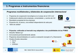 3. Programas e Instrumentos financieros

     Programas multilaterales y bilaterales de cooperación internacional

       Programas de cooperación tecnológica en el campo de la I+D+I civil
       Colaboración abierta entre empresas, universidades y centros de I+D
       Resultados propiedad de las empresas
       Proyectos de, al menos, una entidad independiente de cada país.
       “Sello de calidad”



       Proyectos enfocados al mercado muy adaptados a las posibilidades de las PYMES
       Filosofía “Bottom-up”
       Convocatoria permanentemente abierta
       Programas descentralizados en cuanto a evaluación (excepto e*) y financiación
       Clusters Eureka relevantes:
           CELTIC
           ITEA2
           EURIPIDES



22                           PIMEC - FINANCIA PYME 2011, Barcelona 28/04/2011
 