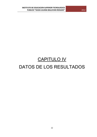 INSTITUTO DE EDUCACION SUPERIOR TECNOLOGICO
       PUBLICO “GILDA LILIANA BALLIVIAN ROSADO”   2012




                 CAPITULO IV
DATOS DE LOS RESULTADOS




                                22
 