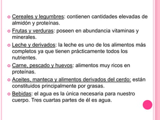  Cereales y legumbres: contienen cantidades elevadas de
  almidón y proteínas.
 Frutas y verduras: poseen en abundancia vitaminas y
  minerales.
 Leche y derivados: la leche es uno de los alimentos más
  completos ya que tienen prácticamente todos los
  nutrientes.
 Carne, pescado y huevos: alimentos muy ricos en
  proteínas.
 Aceites, manteca y alimentos derivados del cerdo: están
  constituidos principalmente por grasas.
 Bebidas: el agua es la única necesaria para nuestro
  cuerpo. Tres cuartas partes de él es agua.
 