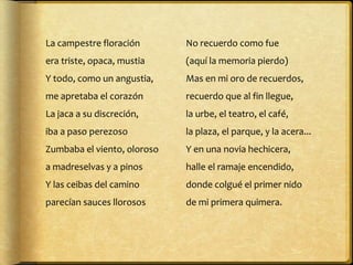 La campestre floración        No recuerdo como fue
era triste, opaca, mustia     (aquí la memoria pierdo) 
Y todo, como un angustia,     Mas en mi oro de recuerdos,
me apretaba el corazón        recuerdo que al fin llegue, 
La jaca a su discreción,      la urbe, el teatro, el café, 
iba a paso perezoso           la plaza, el parque, y la acera... 
Zumbaba el viento, oloroso    Y en una novia hechicera, 
a madreselvas y a pinos       halle el ramaje encendido, 
Y las ceibas del camino       donde colgué el primer nido 
parecían sauces llorosos      de mi primera quimera.
 