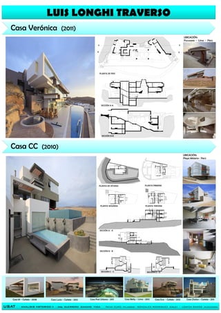 Casa CC (2010)
USAT ANALISIS HSTORICO II - Arq. GUERRERO SAMAME YVAN PAIVA CURO, Milagros - GONZALES RODRIGUEZ ,Sirley - LOAYZA RAMOS ,Alexandra
Casa Verónica (2011)
LUIS LONGHI TRAVERSO
A A
BB
PLANTA DE PISO
SECCIÓN A-A
SECCIÓN B-B
UBICACIÓN:
Pucusana - Lima - Perù
UBICACIÓN:
Playa Misterio- Perù
PLANTA DE SÓTANO PLANTA PRIMERA
PLANTA SEGUNDA PLANTA TERCERA
SECCIÓN A - A
SECCIÓN B - B
SECCIÓN C - C SECCIÓN D - D
Casa M – Cañete - 2008 Casa Lucia – Cañete - 2012 Casa Post Urbana - 2011 Casa Betty – Lima - 2012 Casa Eva - Cañete - 2012 Casa Cholon – Cañete - 2011