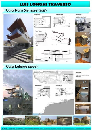 USAT ANALISIS HSTORICO II - Arq. GUERRERO SAMAME YVAN PAIVA CURO, Milagros - GONZALES RODRIGUEZ ,Sirley - LOAYZA RAMOS ,Alexandra
Casa Para Siempre (2013)
Casa Lefevre (2006)
LUIS LONGHI TRAVERSO
UBICACIÓN:
Playa Punta Misterio, Sur de
Lima - Perú
Primer Nivel
Segundo Nivel
Corte
Tercer Nivel
Primer Nivel Segundo Nivel
Planta Sótano Corte
Corte.
UBICACIÓN:
La Molina, Lima-Perú
Casa Chullpas (2011)- Lima Hotel Valle Sagrado (2014)- Cuzco Casa 2015 -Lima Museo Nacional (2014)-Lima Casa Omar (2014)-Lima
 