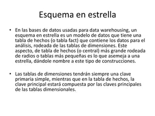 Esquema en estrella
• En las bases de datos usadas para data warehousing, un
esquema en estrella es un modelo de datos que tiene una
tabla de hechos (o tabla fact) que contiene los datos para el
análisis, rodeada de las tablas de dimensiones. Este
aspecto, de tabla de hechos (o central) más grande rodeada
de radios o tablas más pequeñas es lo que asemeja a una
estrella, dándole nombre a este tipo de construcciones.
• Las tablas de dimensiones tendrán siempre una clave
primaria simple, mientras que en la tabla de hechos, la
clave principal estará compuesta por las claves principales
de las tablas dimensionales.
 