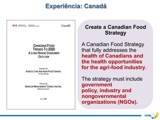 Experiência: Canadá


            Create a Canadian Food
                    Strategy

           A Canadian Food Strategy
           that fully addresses the
           health of Canadians and
           the health opportunities
           for the agri-food industry.

           The strategy must include
           government
           policy, industry and
           nongovernmental
           organizations (NGOs).
 