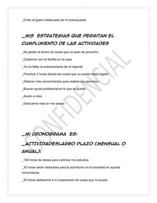 _Evitar el gasto inadecuado de mí presupuesto
_Mis estrategias que permitan el
cumplimiento de las actividades
_No gastar el dinero en cosas que no sean de provecho
_Colaborar con mi familia en la casa
_Ya no faltar al entrenamiento de mi deporte
_Practicar 2 horas diarias las cosas que no puedo hasta logarlo
_Obtener más conocimientos para realizar los ejercicios
_Buscar ayuda profesional en lo que no pueda
_Asistir a misa
_Dedicarme más en mis tareas
_Mi cronograma es:
_ACTIVIDADESLARGO PLAZO (MENSUAL O
ANUAL).
_120 horas de clases para culminar mis estudios
_30 horas serán dedicadas para la aportación en la sociedad en ayudas
comunitarias
_20 horas dedicarme a mi preparación de cosas que no pueda
 