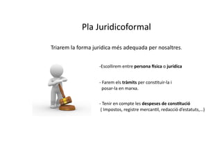 Pla	
  Juridicoformal	
  

Triarem	
  la	
  forma	
  juridica	
  més	
  adequada	
  per	
  nosaltres.	
  


                           	
  -­‐Escollirem	
  entre	
  persona	
  Lsica	
  o	
  jurídica	
  


                           	
  -­‐	
  Farem	
  els	
  tràmits	
  per	
  consCtuir-­‐la	
  i	
  
                           	
  	
  	
  posar-­‐la	
  en	
  marxa.	
  


                           	
  -­‐	
  Tenir	
  en	
  compte	
  les	
  despeses	
  de	
  cons3tució	
  	
  
                           	
  	
  (	
  Impostos,	
  registre	
  mercanCl,	
  redacció	
  d’estatuts,…)	
  
 