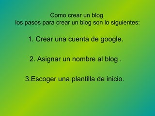 Como crear un blog
los pasos para crear un blog son lo siguientes:

    1. Crear una cuenta de google.

     2. Asignar un nombre al blog .

   3.Escoger una plantilla de inicio.
 