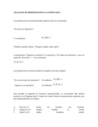 NEGACION DE PROPOSICIONES CUANTIFICADAS
Las proposiciones universales pueden negarse como en el enunciado:
“No todos los ingenieros”.
Y se simboliza:
  Xx M
También se puede utilizar: “Ninguno, ningún, nada, nadie “.
La proposición “Ninguno es mecánico” no equivales a “No todos son mecánicos”, sino a la
expresión: Para todo x , x no es mecánico
  Xx M
Las proposiciones anteriores pueden ser negadas como por ejemplo:
“No es cierto que hay mecánicos”. En símbolos:
  Xx M
“Alguien no es mecánico”. En símbolos:
  Xx M
.
Para estudiar la negación de funciones proposicionales, es conveniente fijar nuestra
atención en el diagrama dado. Veamos las cuatro formas de proposiciones generales que
hay tradicionalmente en la lógica:
A: Todo S es P: Todos los hombres son mortales.
E: Ningún S es P: Ningún hombre es mortal.
I: Algún S es P: Algún hombrees mortal.
 