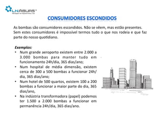 As	
  bombas	
  são	
  consumidores	
  escondidos.	
  Não	
  se	
  vêem,	
  mas	
  estão	
  presentes.	
  
Sem	
  estes	
  consumidores	
  é	
  impossível	
  termos	
  tudo	
  o	
  que	
  nos	
  rodeia	
  e	
  que	
  faz	
  
parte	
  do	
  nosso	
  quo6diano.	
  
Exemplos:	
  
•  Num	
  grande	
  aeroporto	
  existem	
  entre	
  2.000	
  a	
  
3.000	
   bombas	
   para	
   manter	
   tudo	
   em	
  
funcionamento	
  24h/dia,	
  365	
  dias/ano;	
  
•  Num	
   hospital	
   de	
   média	
   dimensão,	
   existem	
  
cerca	
  de	
  300	
  a	
  500	
  bombas	
  a	
  funcionar	
  24h/
dia,	
  365	
  dias/ano;	
  
•  Num	
  hotel	
  de	
  500	
  quartos,	
  existem	
  100	
  a	
  200	
  
bombas	
  a	
  funcionar	
  a	
  maior	
  parte	
  do	
  dia,	
  365	
  
dias/ano,	
  
•  Na	
  indústria	
  transformadora	
  (papel)	
  podemos	
  
ter	
   1.500	
   a	
   2.000	
   bombas	
   a	
   funcionar	
   em	
  
permanência	
  24h/dia,	
  365	
  dias/ano.	
  
 