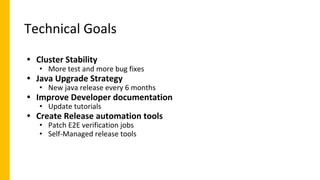 Technical Goals
• Cluster Stability
• More test and more bug fixes
• Java Upgrade Strategy
• New java release every 6 months
• Improve Developer documentation
• Update tutorials
• Create Release automation tools
• Patch E2E verification jobs
• Self-Managed release tools
 