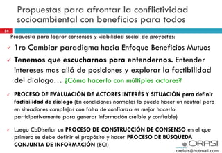 14
Propuesta para lograr consensos y viabilidad social de proyectos:
✓ 1ro Cambiar paradigma hacia Enfoque Beneficios Mutuos
✓ Tenemos que escucharnos para entendernos. Entender
intereses mas allá de posiciones y explorar la factibilidad
del dialogo… ¿Cómo hacerlo con múltiples actores?
✓ PROCESO DE EVALUACIÓN DE ACTORES INTERÉS Y SITUACIÓN para definir
factibilidad de dialogo (En condiciones normales lo puede hacer un neutral pero
en situaciones complejas con falta de confianza es mejor hacerlo
participativamente para generar información creíble y confiable)
✓ Luego CoDiseñar un PROCESO DE CONSTRUCCIÓN DE CONSENSO en el que
primero se debe definir el propósito y hacer PROCESO DE BÚSQUEDA
CONJUNTA DE INFORMACIÓN (BCI)
Propuestas para afrontar la conflictividad
socioambiental con beneficios para todos
oreluis@hotmail.com
 