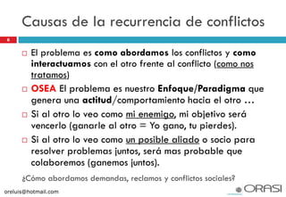 6
 El problema es como abordamos los conflictos y como
interactuamos con el otro frente al conflicto (como nos
tratamos)
 OSEA El problema es nuestro Enfoque/Paradigma que
genera una actitud/comportamiento hacia el otro …
 Si al otro lo veo como mi enemigo, mi objetivo será
vencerlo (ganarle al otro = Yo gano, tu pierdes).
 Si al otro lo veo como un posible aliado o socio para
resolver problemas juntos, será mas probable que
colaboremos (ganemos juntos).
¿Cómo abordamos demandas, reclamos y conflictos sociales?
Causas de la recurrencia de conflictos
oreluis@hotmail.com
 