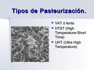 Tipos de Pasteurización.





VAT ó lenta
HTST (High
Temperature-Short
Time)
UHT (Ultra High
Temperature)

 